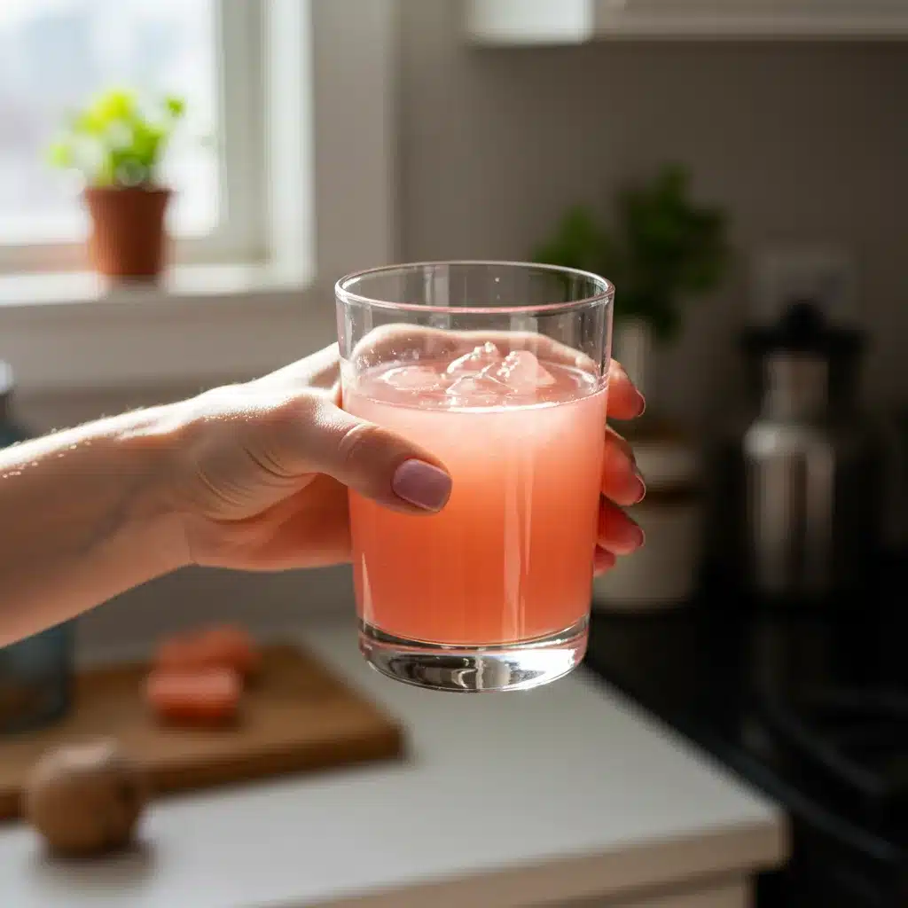 The Himalayan Pink Salt Trick Recipe That's Changing Morning Routines Everywhere 6 Woman holding finished Himalayan pink salt trick recipe drink