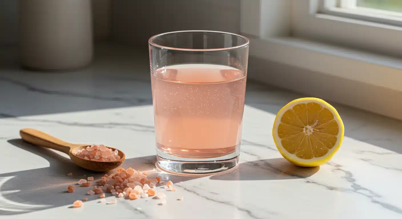 The Himalayan Pink Salt Trick Recipe That's Changing Morning Routines Everywhere 1 Himalayan pink salt trick recipe ingredients with glass of pink salt water on marble counter