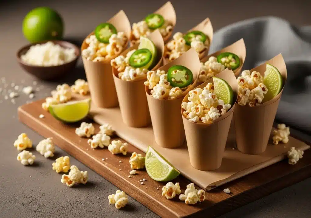 Jalapeno Popcorn Recipe: The 5-Minute Ultimate Guide to Spicy, Addictive Homemade Snacks 5 Jalapeno popcorn served in kraft cones with lime garnish and cotija cheese