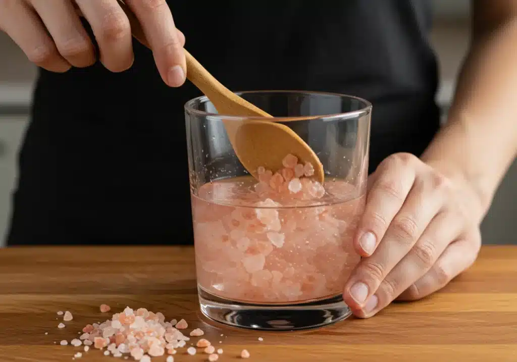 The Himalayan Pink Salt Trick Recipe That's Changing Morning Routines Everywhere 5 Stirring pink salt into warm water for Himalayan salt trick recipe