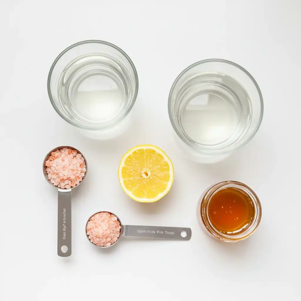 The Himalayan Pink Salt Trick Recipe That's Changing Morning Routines Everywhere 4 Measured ingredients for Himalayan pink salt recipe laid out on white background