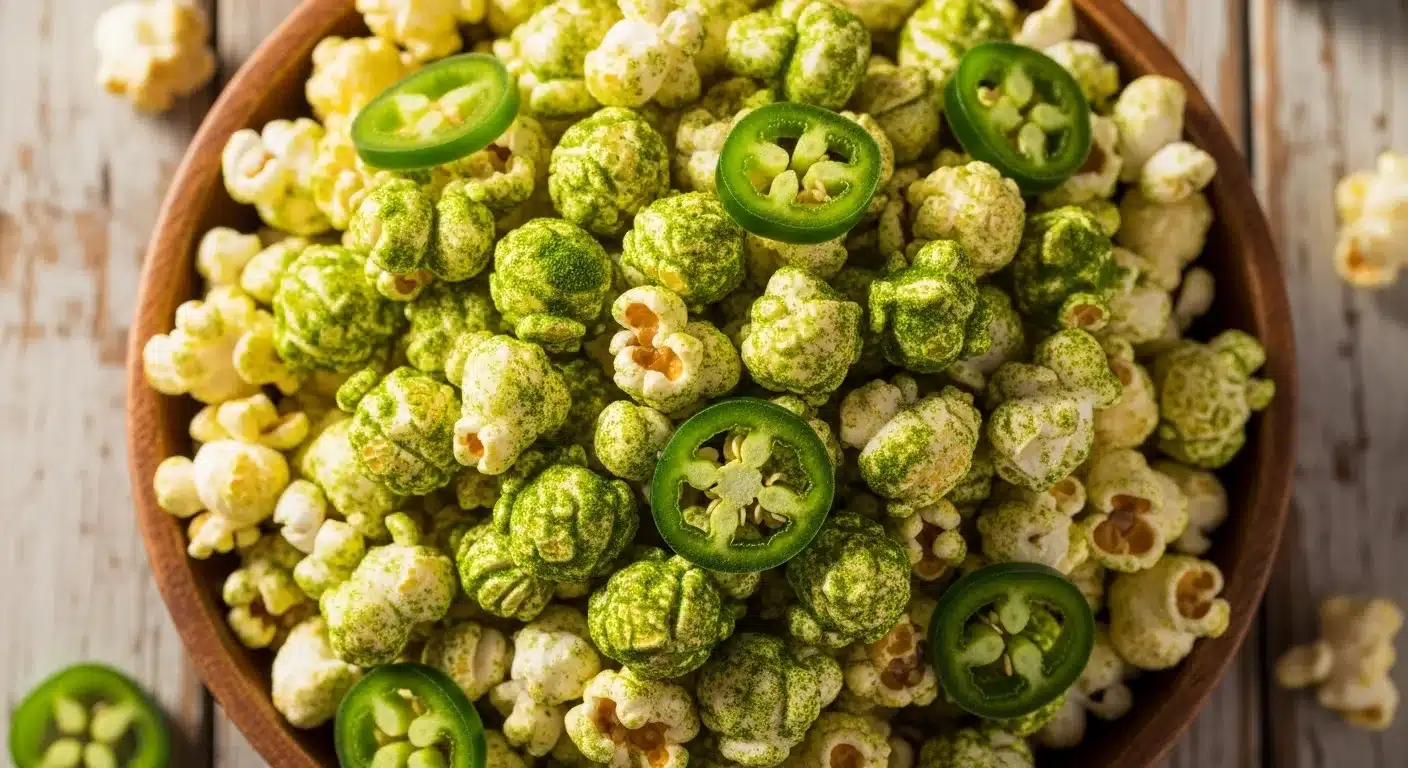 Jalapeno Popcorn Recipe: The 5-Minute Ultimate Guide to Spicy, Addictive Homemade Snacks 2 Ultimate homemade jalapeno popcorn with green seasoning coating in a rustic bowl