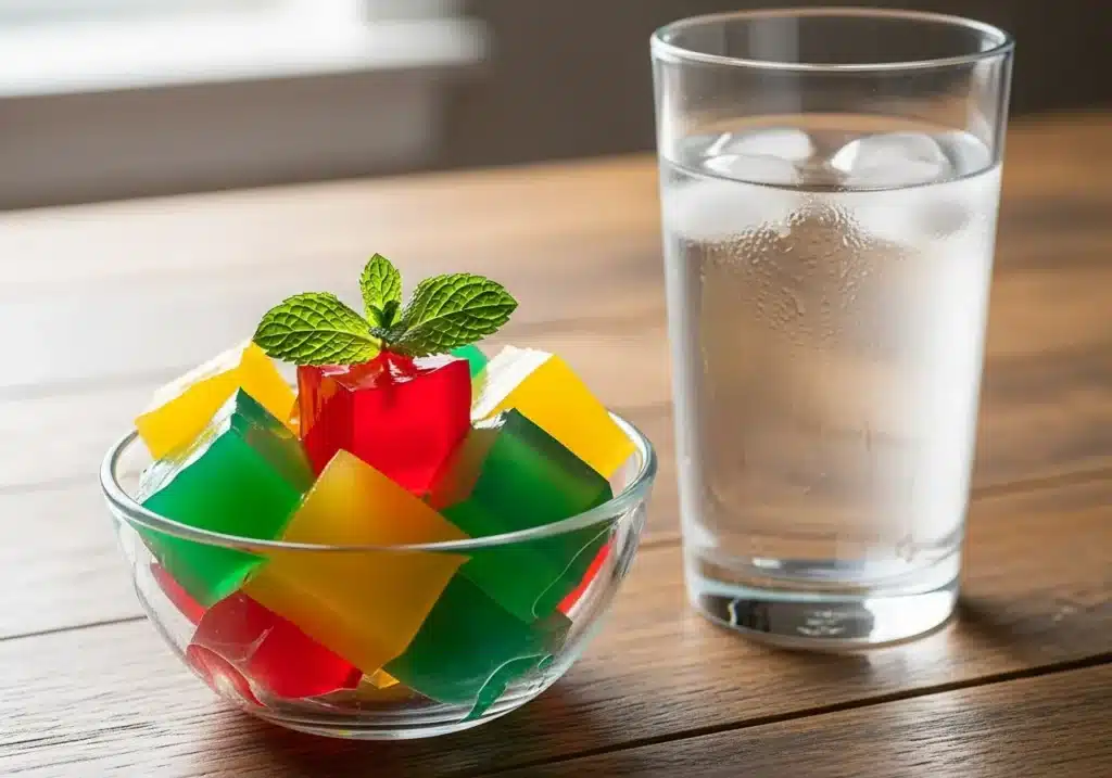 Serving bariatric gelatin cubes with mint garnish