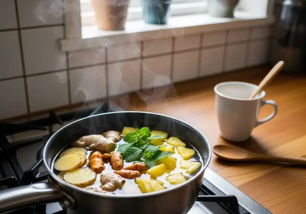 Preparing Costa Rican tea ingredients in saucepan