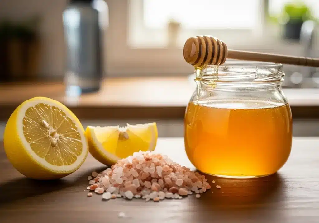 Himalayan Pink Salt Trick Recipe: Natural Hydration and Wellness Drink 4 Himalayan pink salt crystals with fresh lemon and raw honey ingredients