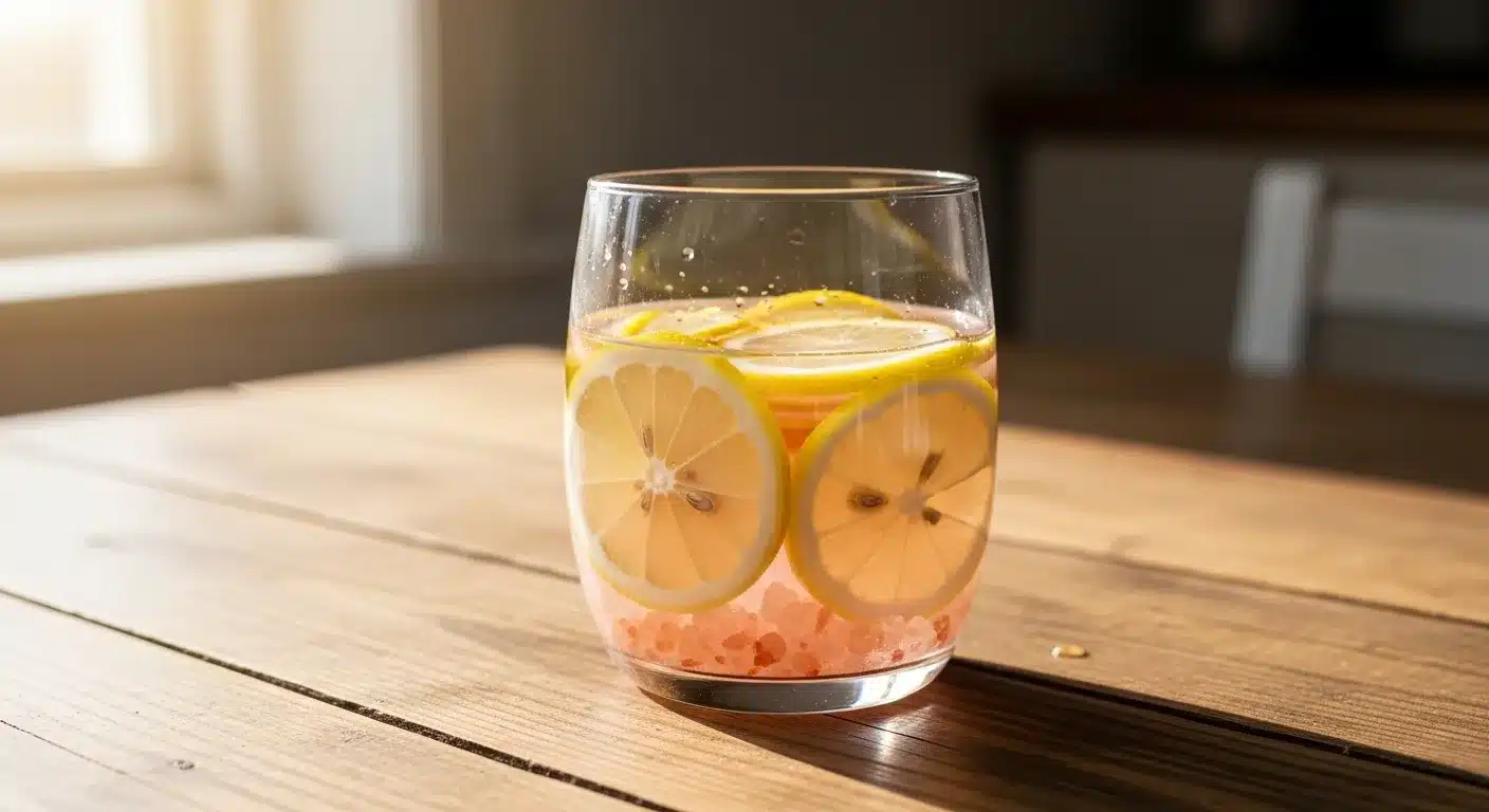 Himalayan Pink Salt Trick Recipe: Natural Hydration and Wellness Drink 2 Himalayan pink salt trick recipe drink in a clear glass with lemon slices