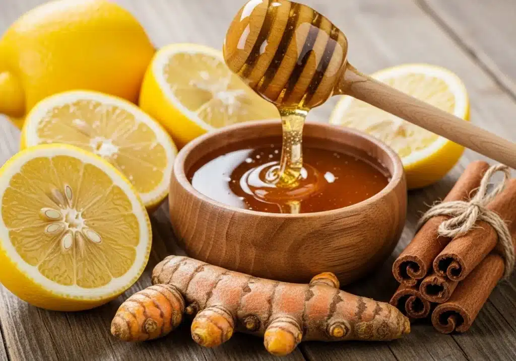 Honey Memory Trick Recipes: Natural Brain Boosters for Better Focus 4 Raw honey, lemon slices, cinnamon sticks, and turmeric root ingredients