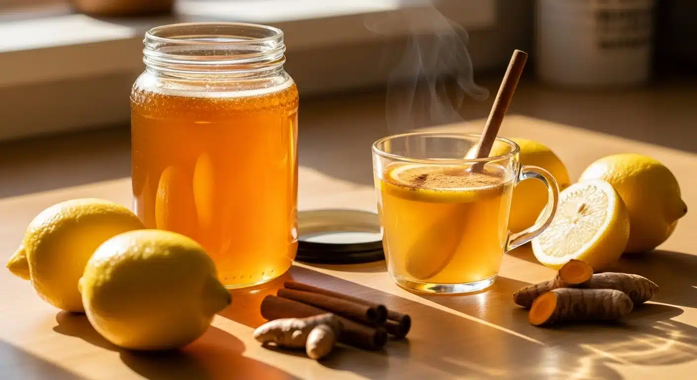 Honey Memory Trick Recipes: Natural Brain Boosters for Better Focus 2 Honey memory trick ingredients on kitchen counter with cup of honey drink Honey memory trick recipes