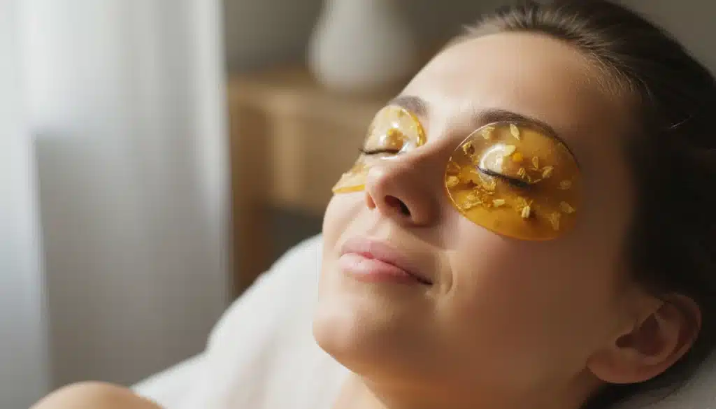 Relaxed person with honey eye compress