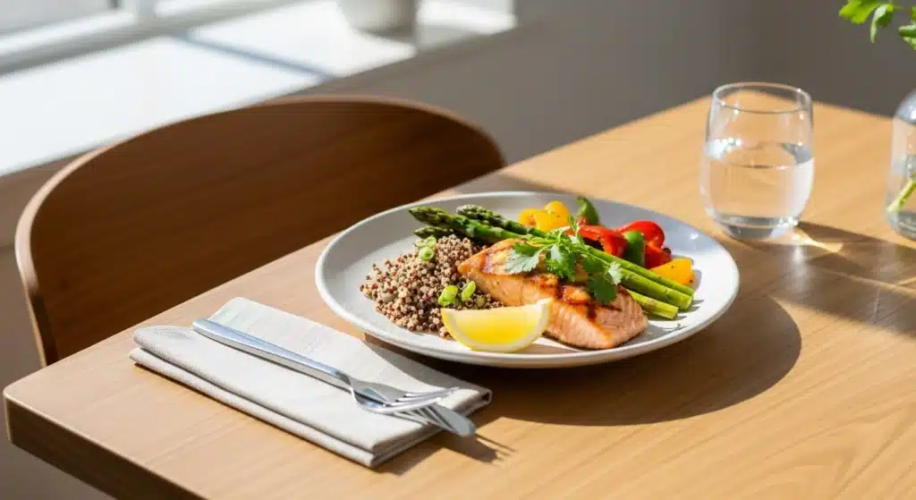 Served natural metabolism boosting meal on dining table