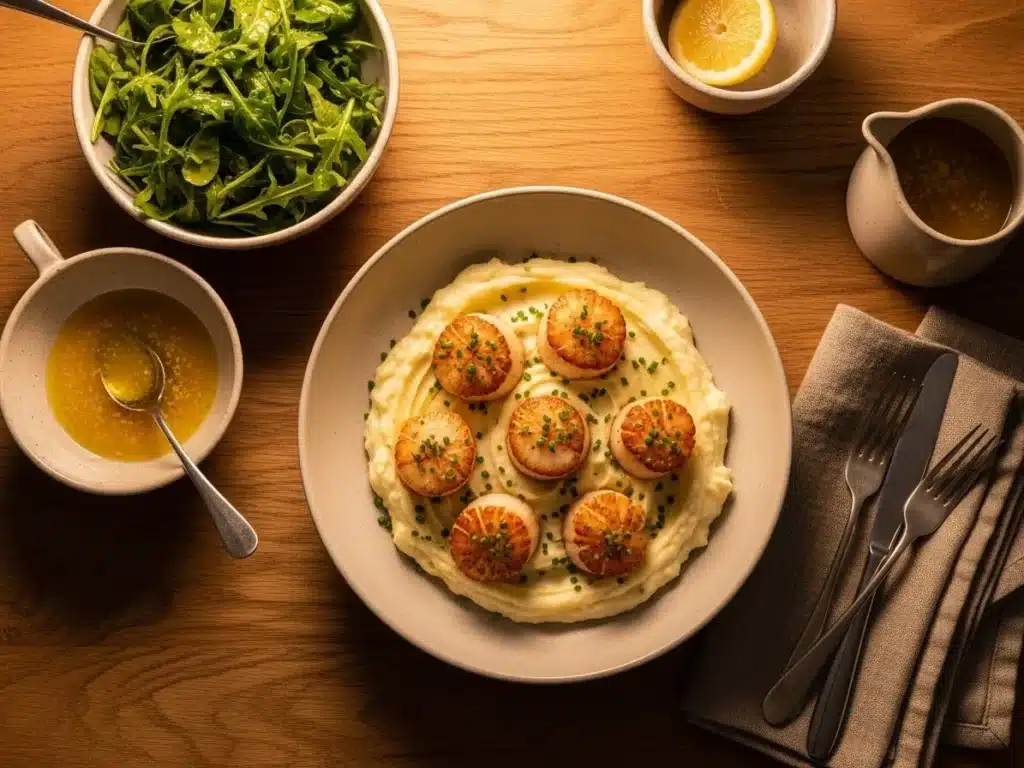 Sous Vide Scallops – Tender, Golden & Easy Weeknight Dinner Recipe 4 Dinner table with sous vide scallops over mashed potatoes, lemon butter sauce, and salad