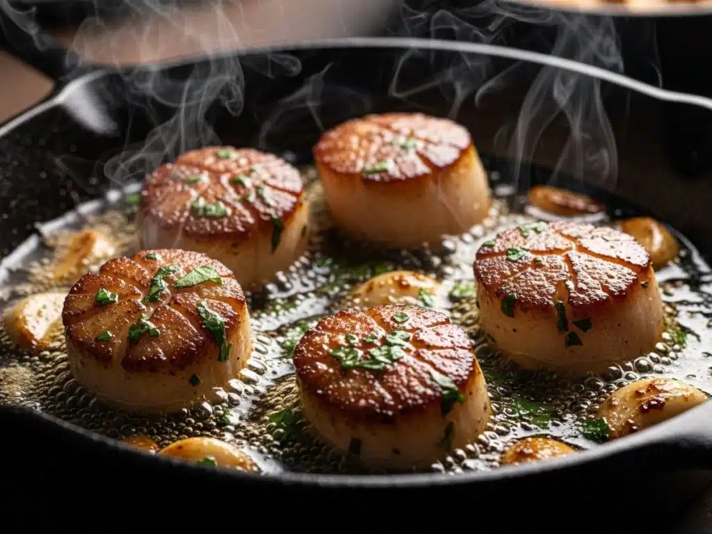 Sous Vide Scallops – Tender, Golden & Easy Weeknight Dinner Recipe 3 Sous vide scallops searing in a cast-iron skillet with brown butter and garlic