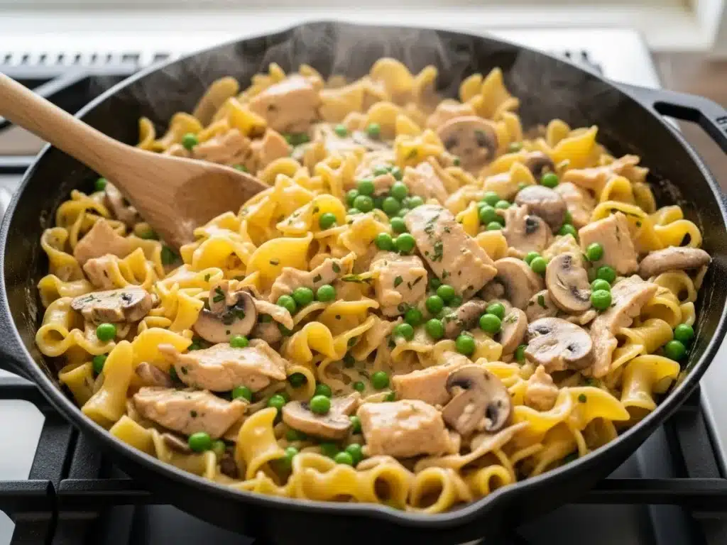 Creamy turkey tetrazzini being stirred together in a skillet with pasta, turkey, peas, and mushrooms