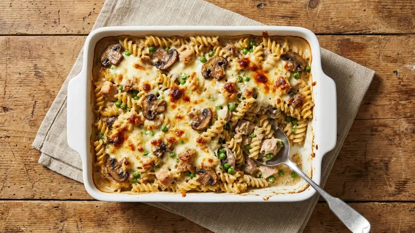 Turkey tetrazzini recipe in a white baking dish with golden cheesy top