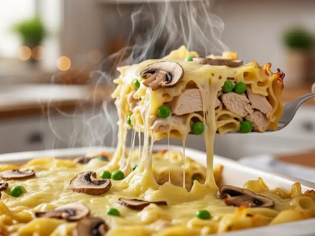 Serving of creamy turkey tetrazzini lifted from casserole dish