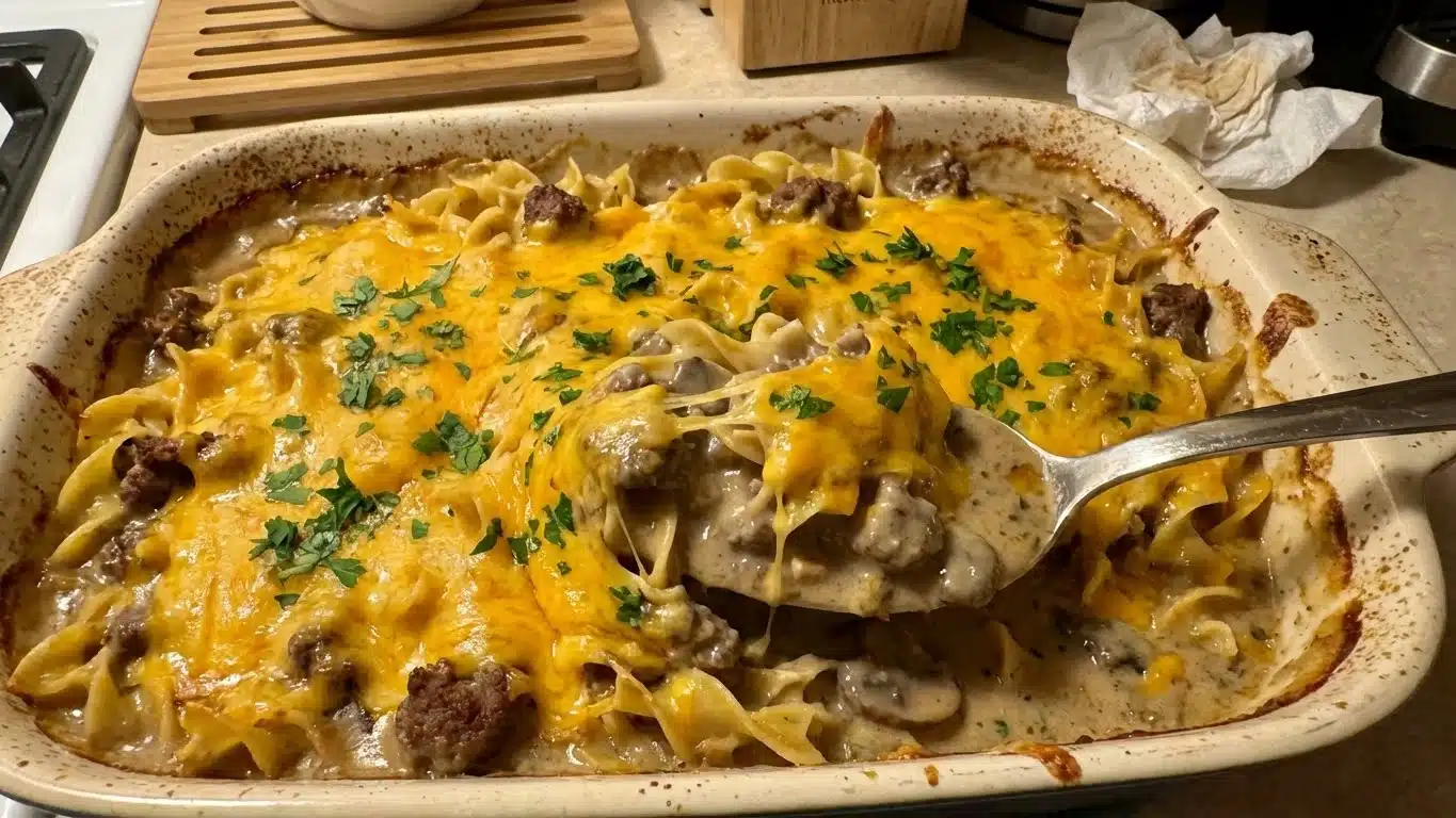 Creamy Beef Noodle Bake topped with melted cheese