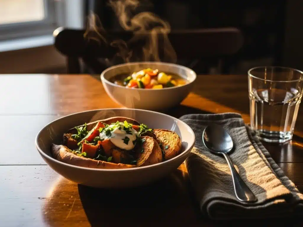 sweet potato bowl served alongside vegetable soup on dinner table