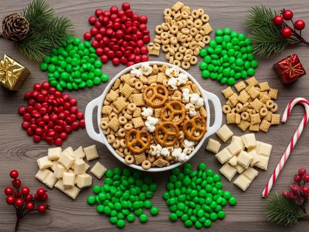 Flat lay of all snack mix ingredients