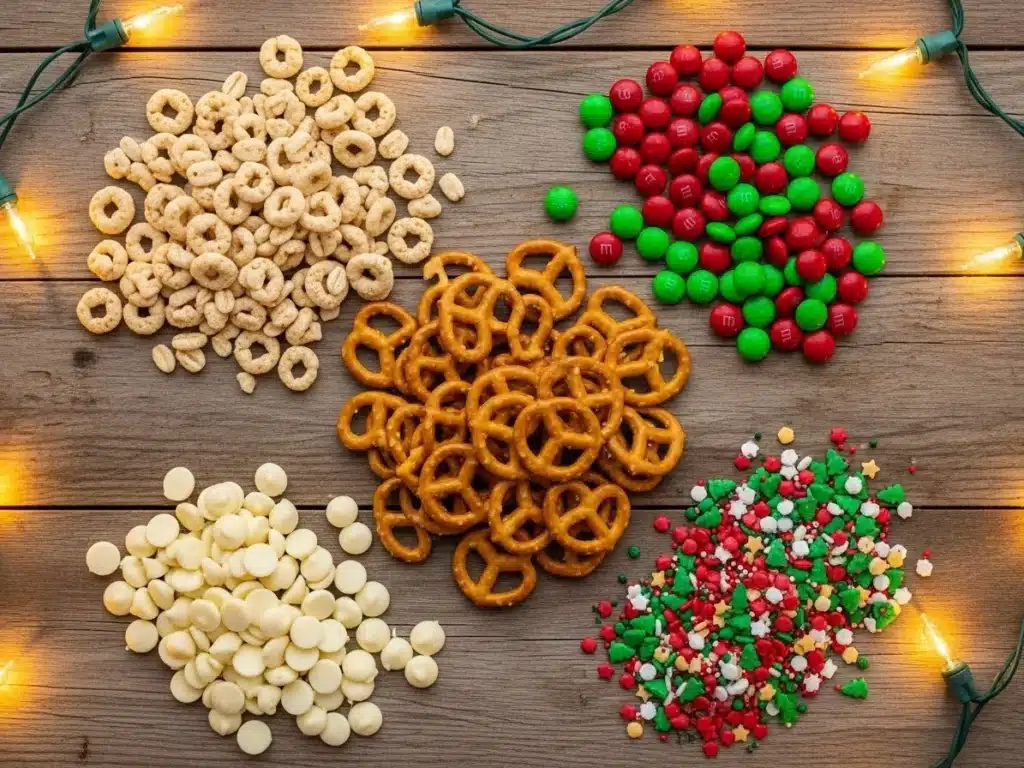 Christmas Chex Mix – Sweet, Salty, and Perfect for Holiday Snacking 3 Flat lay of cereal, pretzels