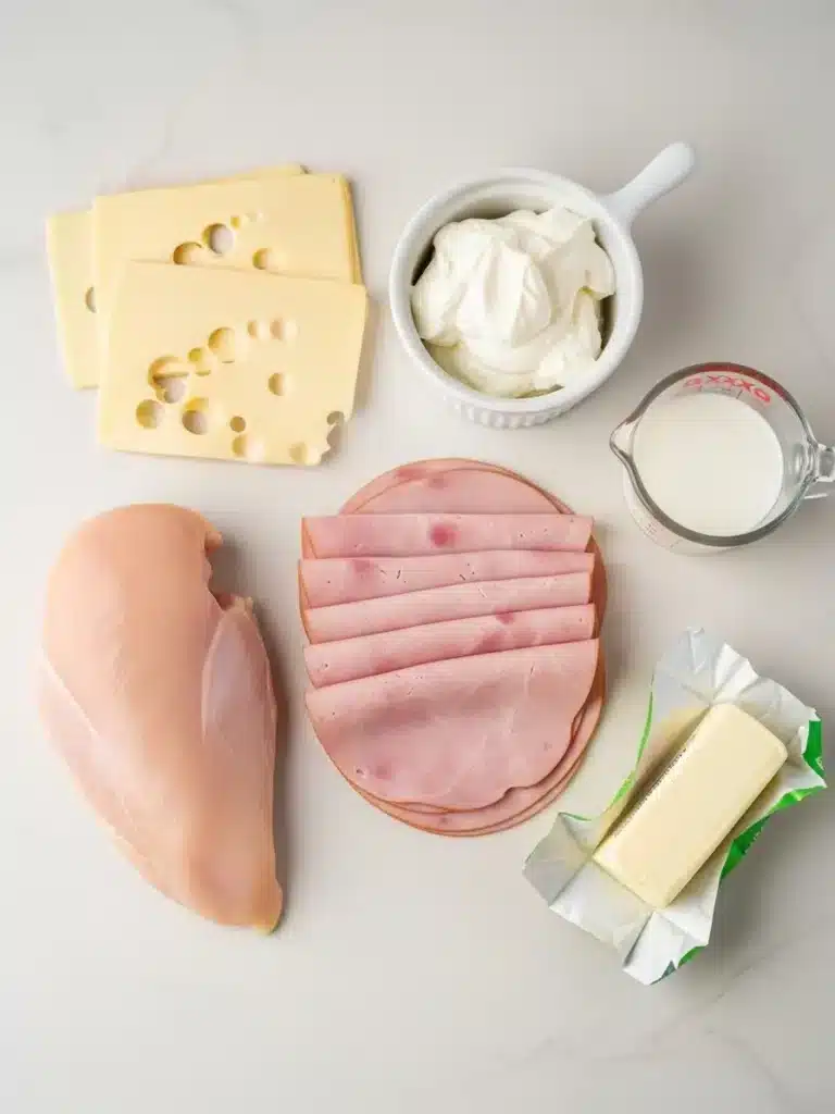 Flat lay of chicken, ham