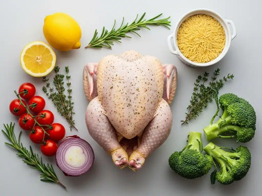 Flat lay of chicken, lemons