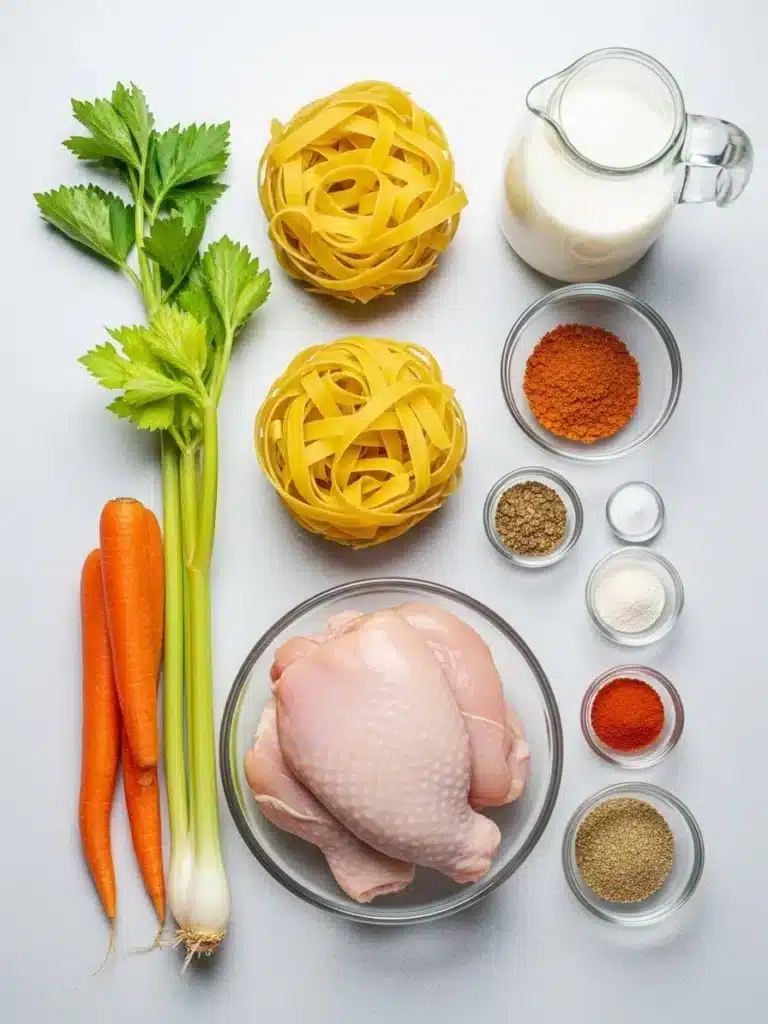 Snow Day Soup: Cozy, Creamy, and Ready in Minutes 3 Flat lay of chicken, noodles