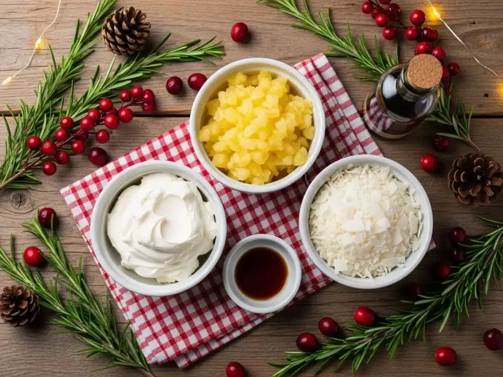 Flat lay of cream cheese, crushed pineapple