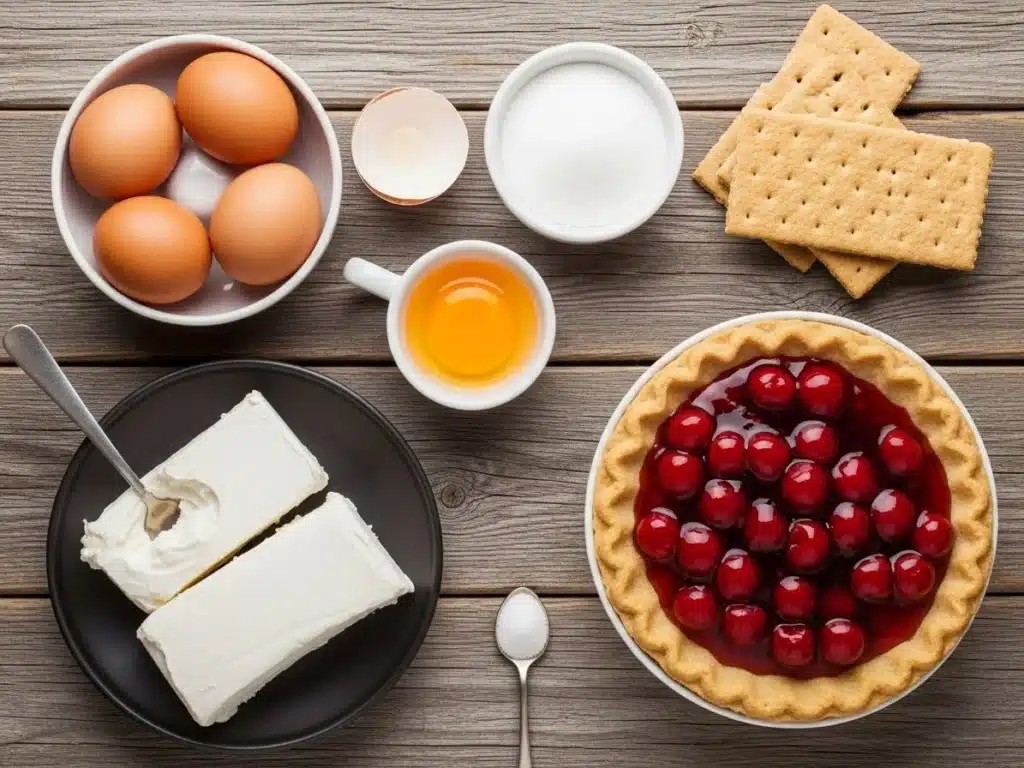 Christmas Cherry Cheesecake Bars: Creamy, Festive & So Easy to Love 3 Flat lay of cream cheese, eggs, cherry