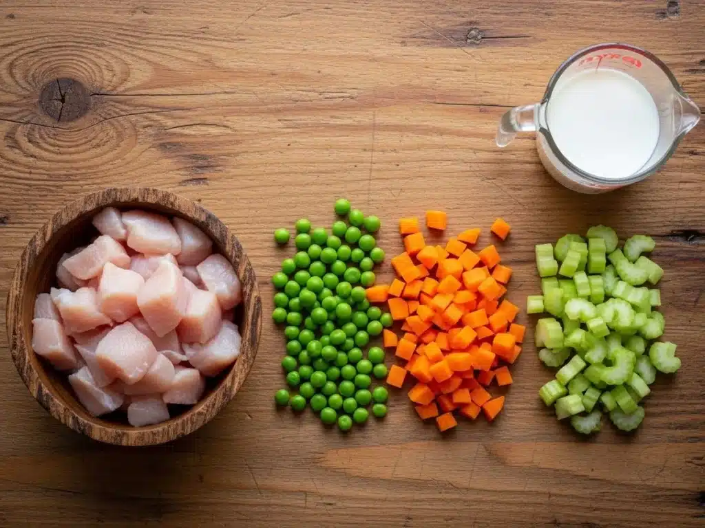 Flat lay of diced chicken