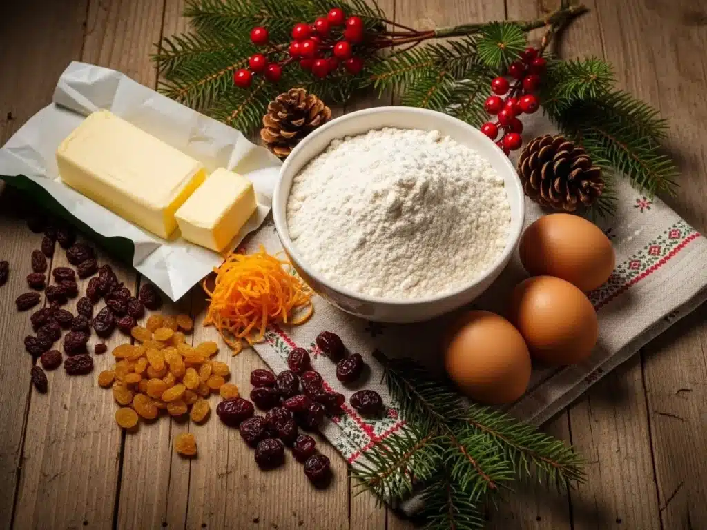 Christmas Bread Recipe – Sweet, Festive & Comforting 3 Flat lay of flour, eggs