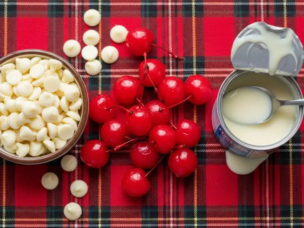 Christmas Cherry Fudge Recipe – Simple, Festive & Creamy Treat 3 Flat lay of fudge ingredients