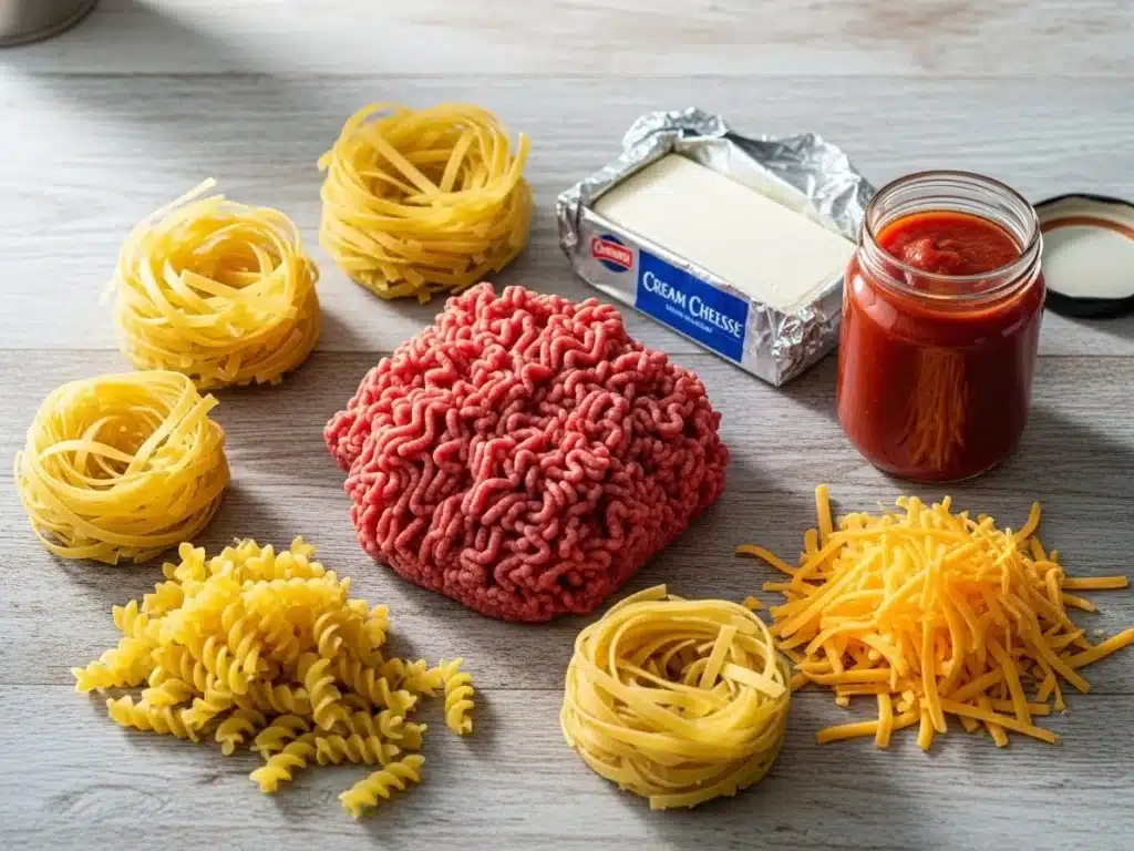 Flat lay of ground beef, egg noodles