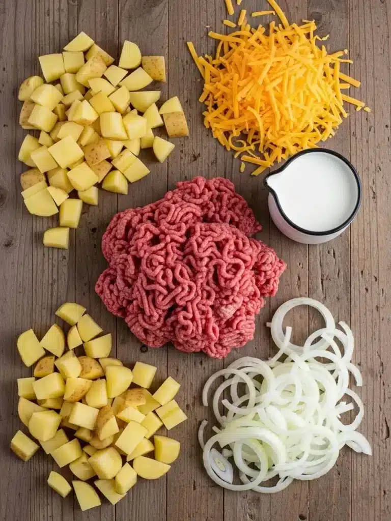 Cheesy Beef and Potato Soup: Rich, Creamy & Loaded with Comfort 3 Flat lay of ground beef, potatoes