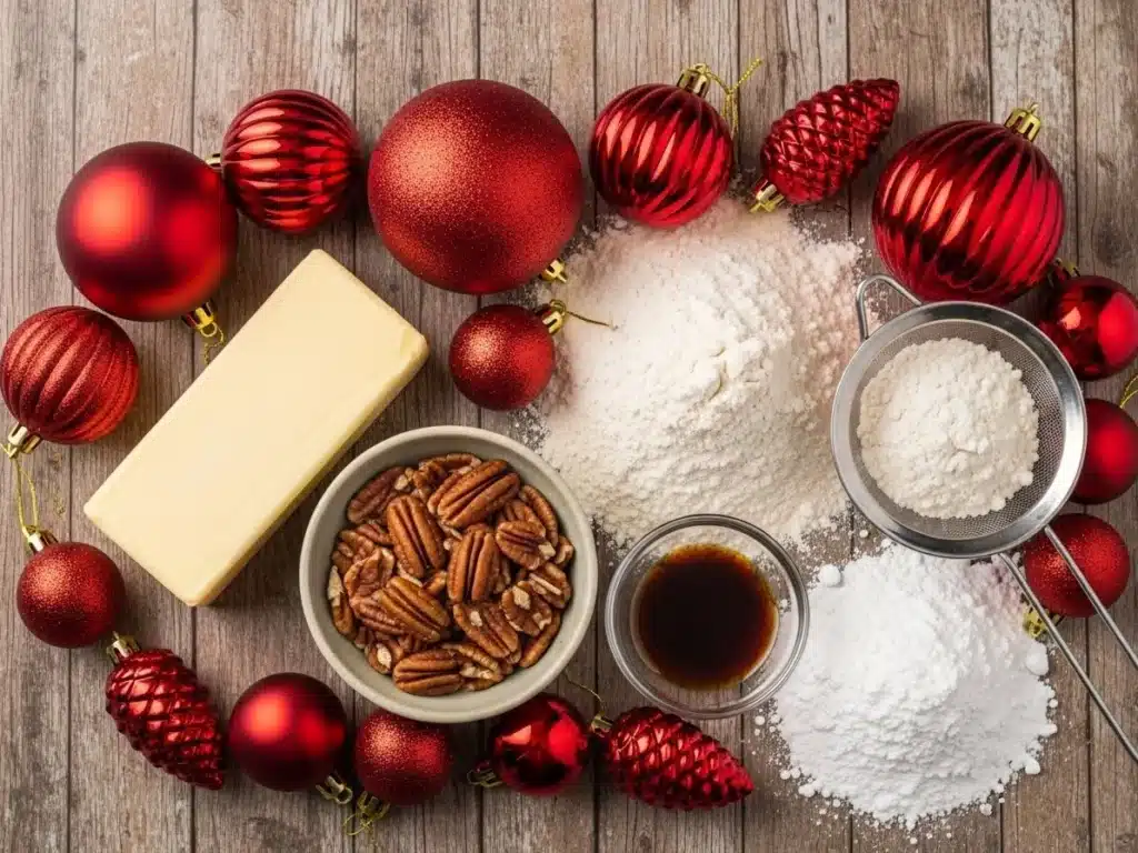 Buttery Pecan Snowball Cookies – Melt-in-Your-Mouth Holiday Magic 3 Flat lay of ingredients