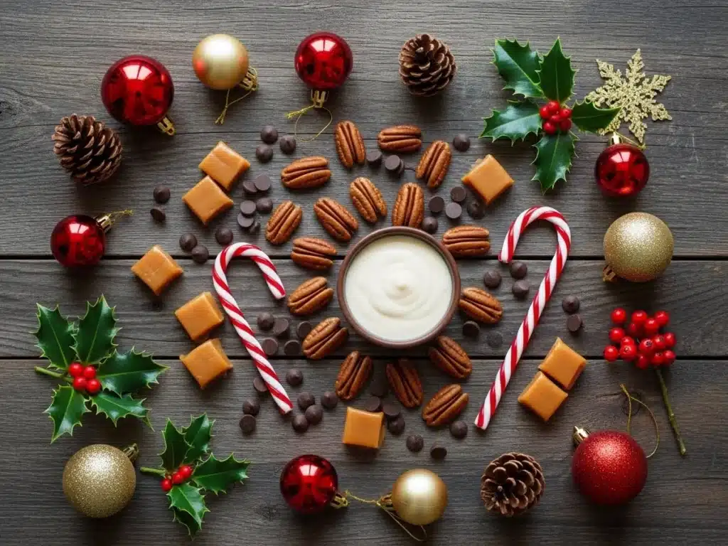 Flat lay of pecans, caramels