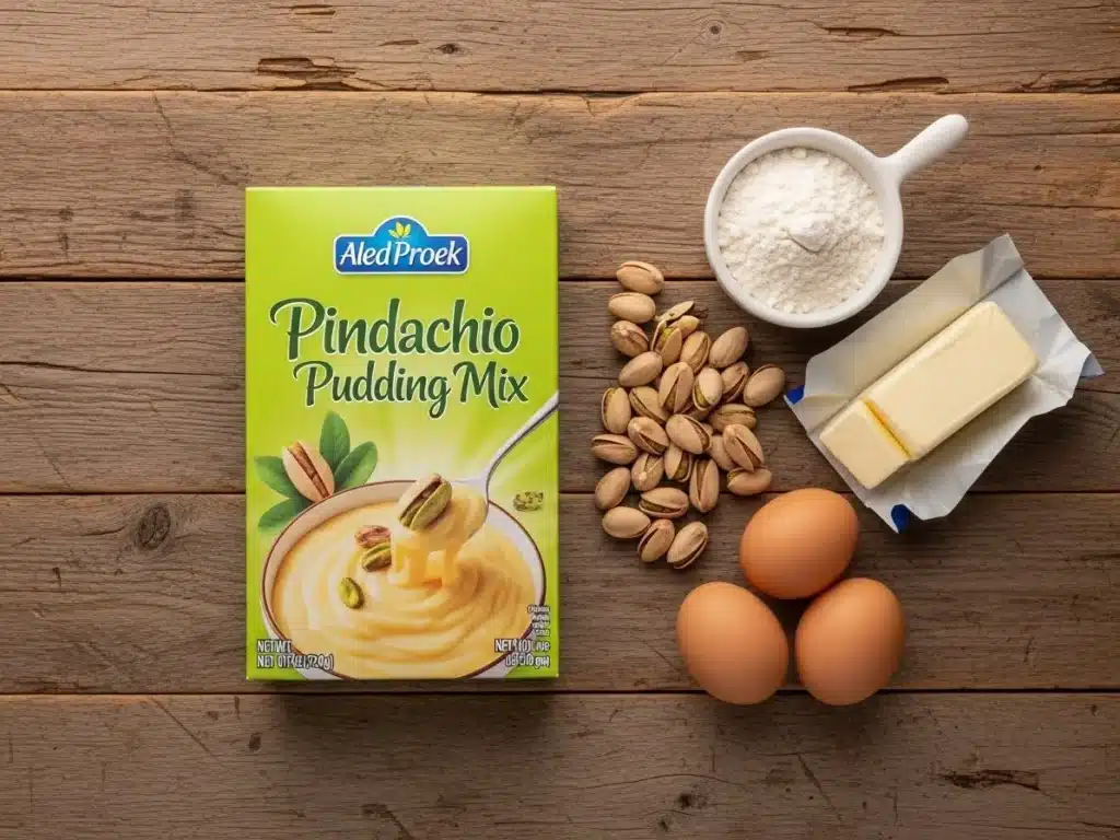Flat lay of pistachio pudding mix box