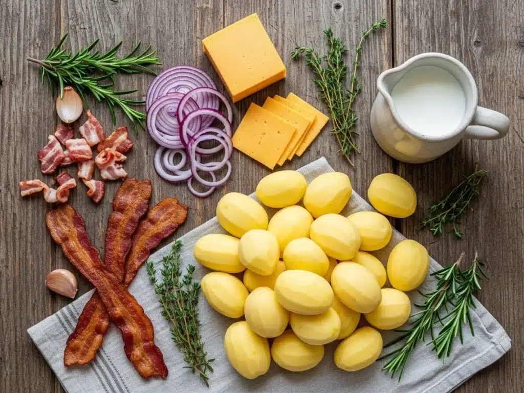 Flat lay of potatoes, bacon