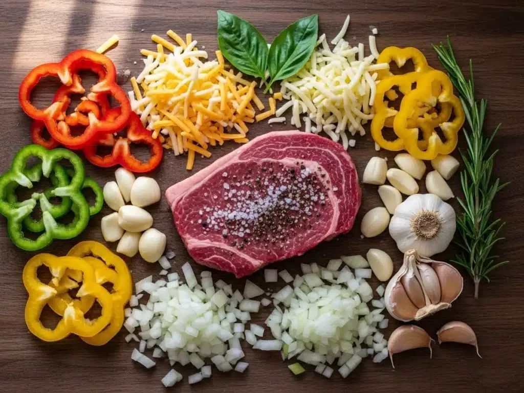 Flat lay of steak, peppers