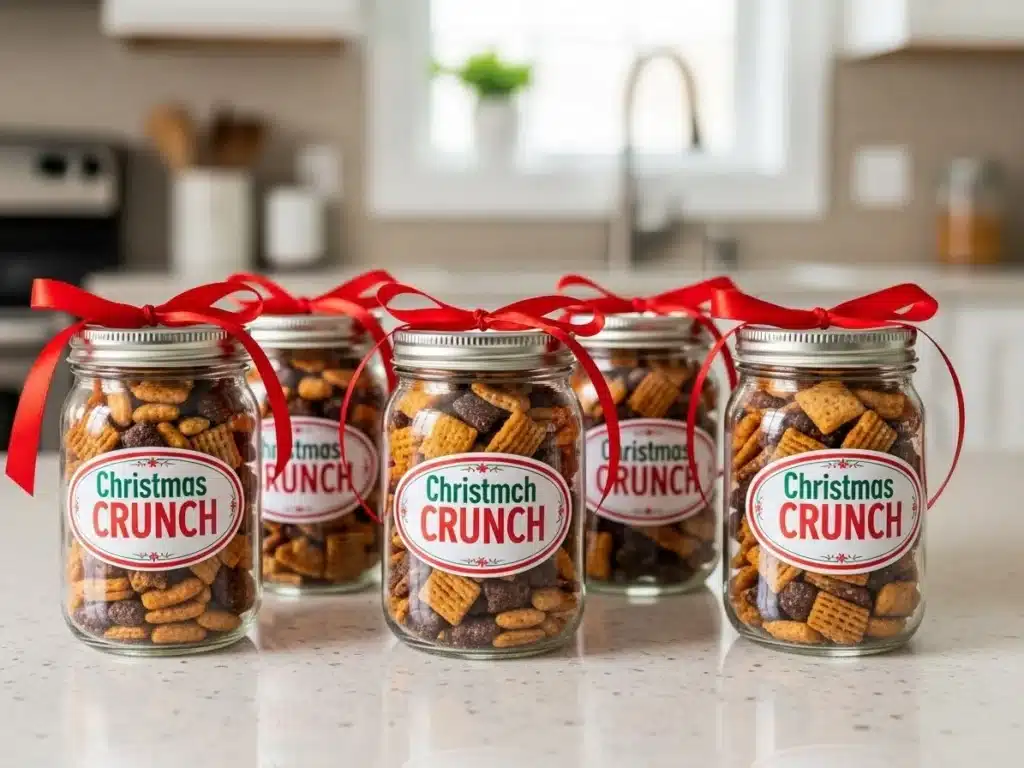 Gift jars filled with Christmas Crunch Snack Mix