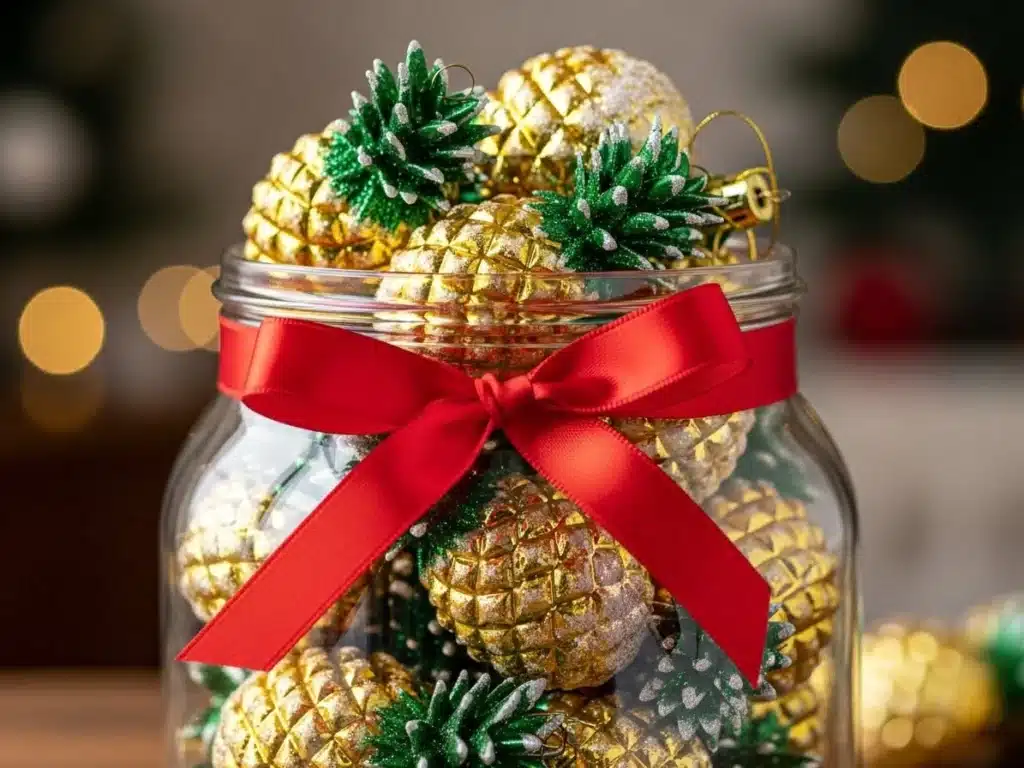 “Glass jar filled with Pineapple Christmas Balls
