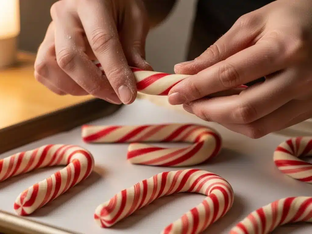 Hands twisting red and white dough