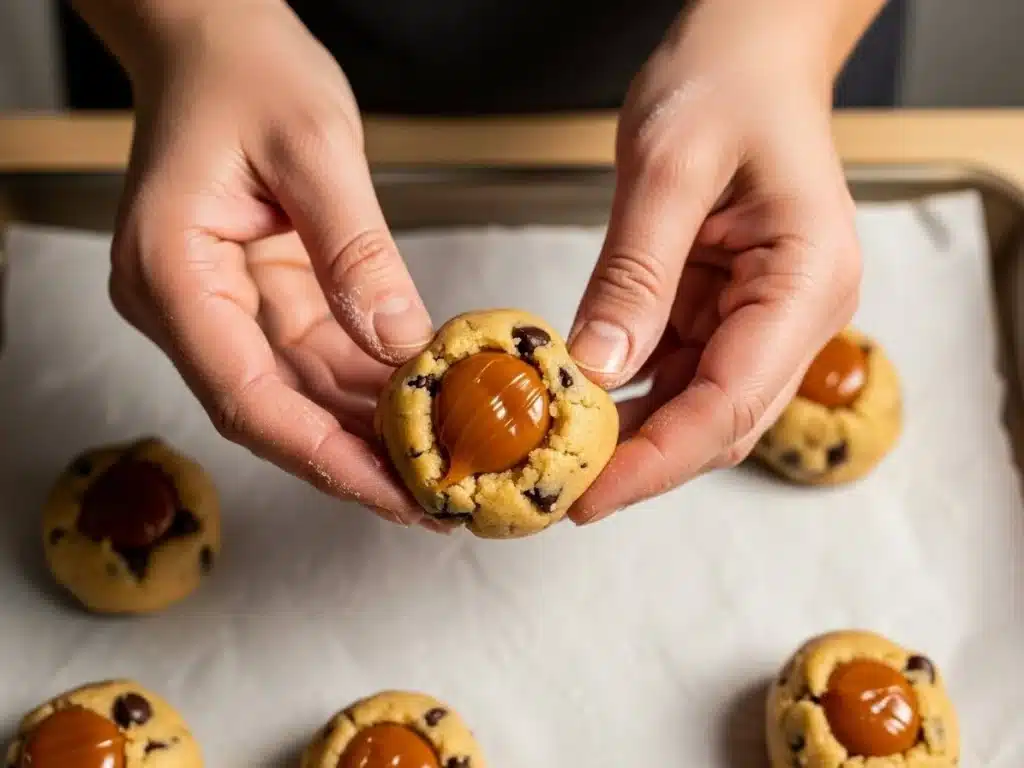 Hands wrapping cookie dough around