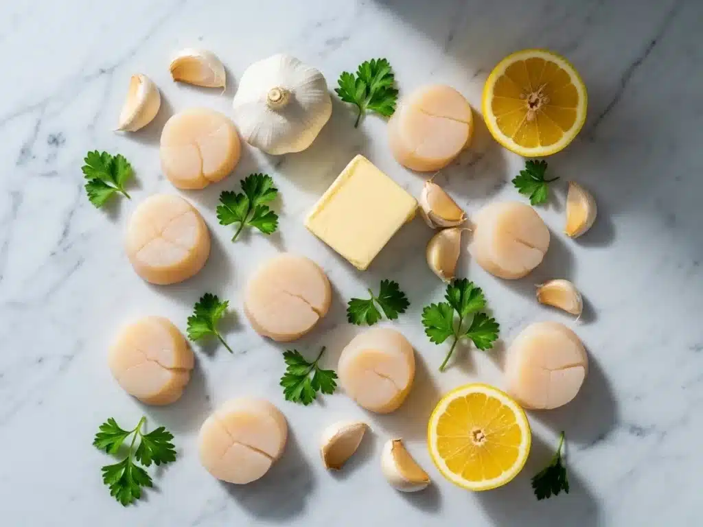 Flat lay of scallops, garlic cloves, butter, parsley, and lemon on marble counter.