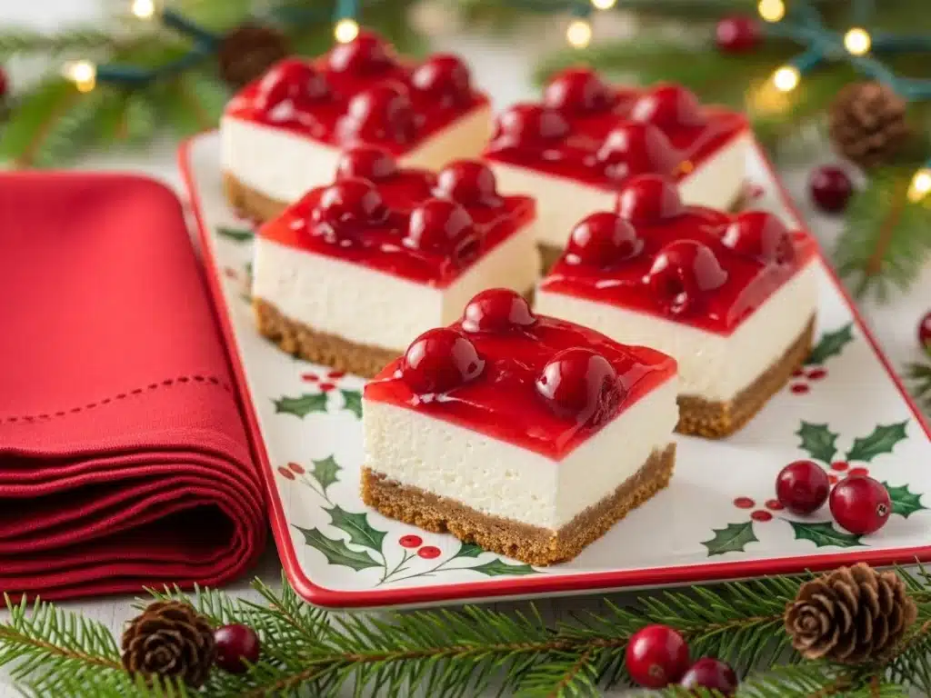 Christmas Cherry Cheesecake Bars: Creamy, Festive & So Easy to Love 4 Slices of Christmas Cherry Cheesecake Bars