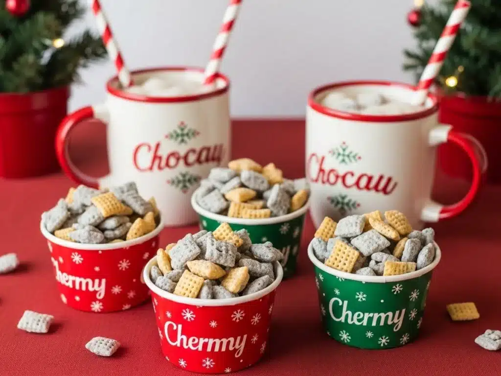 Christmas Chex Mix – Sweet, Salty, and Perfect for Holiday Snacking 4 Small holiday cups filled with Chex mix