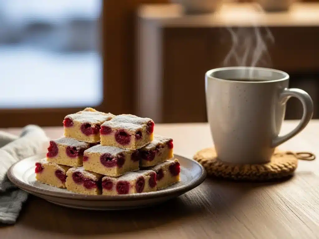 Christmas Cherry Fudge Recipe – Simple, Festive & Creamy Treat 4 Small plate of cherry fudge squares with coffee mug