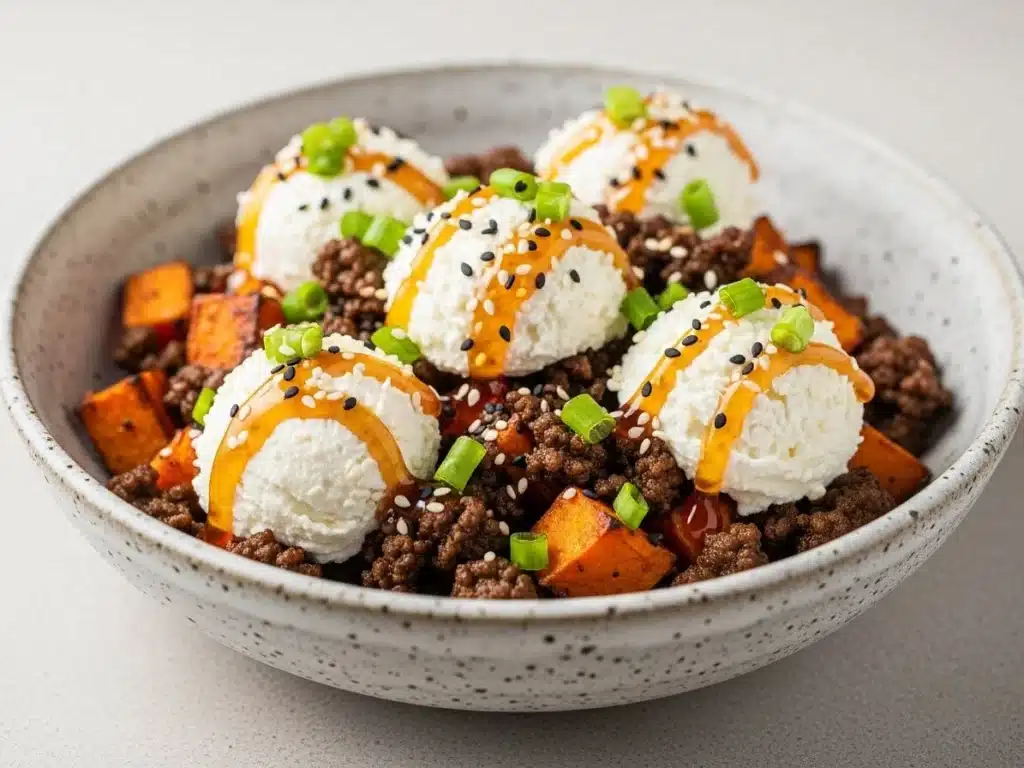 ground beef sweet potato bowl with cottage cheese and hot honey