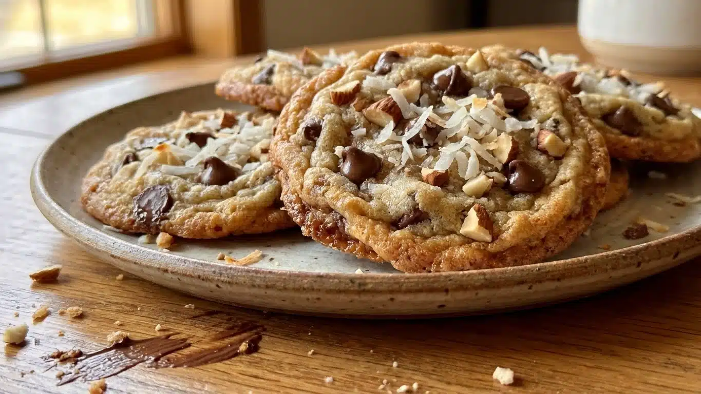 Almond Joy Cookies stacked on a holiday tray