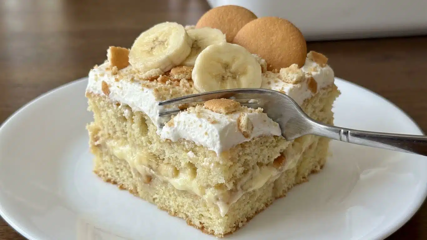 Banana Pudding Poke Cake slice with wafers