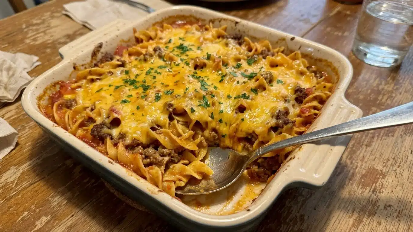 Beef Lombardi Casserole topped with cheese and parsley